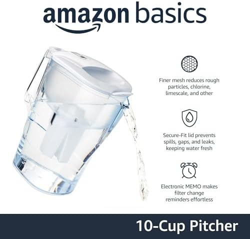 Amazon Basics 10-Cup Pitcher with Filter Compatible with Brita Water Filter Pitcher for Clean, Crisp Water, WQA and NSF Certified, Made in Europe