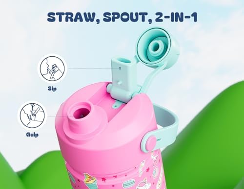 18 oz Kids Water Bottle for School: Leakproof, 2-in-1 Straw Spout Lid, BPA-Free, Easy Carry, Keep Cold 24H, Insulated Stainless Steel Cup for Backpack, Sports, Camping, Trip, Gift, Home (Cute Unicorn)