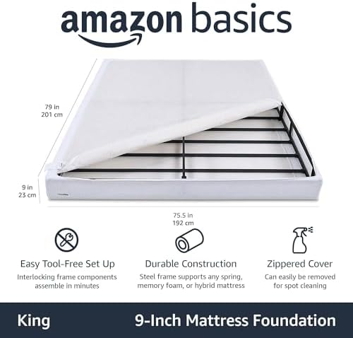 Amazon Basics Smart Box Spring Bed Base, 9-Inch Height Mattress Foundation, Tool-Free Easy Assembly, King, 79"L x 75.5"W x 9"H, White