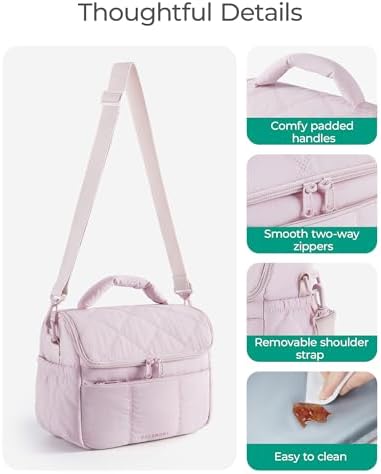 BAGSMART Insulated Lunch Bags for Women, Cute Quilted Lunch Box, Lightweight Puffy Padded Waterproof Lunch Tote, Reusable Lunch Cooler for Work Picnic Travel, Pink