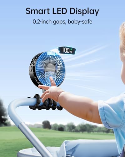 SWEETFULL Portable Stroller Fan with Display 4000mAh Battery Powered Mini Clip On Fan, 4-Speed Rechargeable Small Personal Cooling for Baby Car Seat Crib Travel - Black