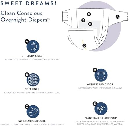 The Honest Company Clean Conscious Overnight Diapers for Sensitive Skin | Hypoallergenic, Fragrance Free | Cozy Cloud + Star Signs | Club Box, Size 5 (27+ lbs), 40 Count