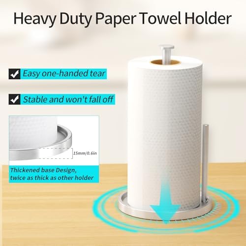 Paper Towel Holder Countertop, Standing Paper Roll Holder with Anti Slip Weighted Base, Stainless Steel Freestanding Paper Towel Holder for Kitchen, Silver