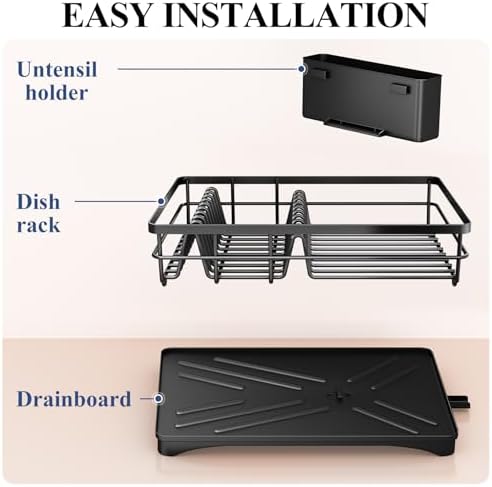 Dish Drying Rack for Kitchen Counter - Large Dish Rack with Drainboard, Rustproof Dish Drainer with Utensil Holder for Sink, Black