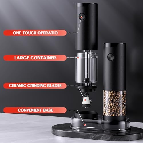 Electric Salt and Pepper Grinder Set Automatic Battery Pepper Mill Shakers Adjustable Coarseness Easy Filling Upgraded Larger Capacity with Led (2 Pack Black/Black)