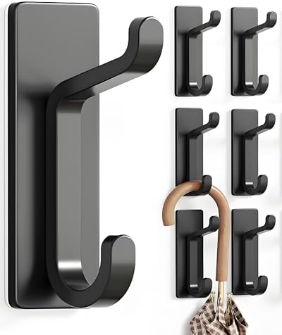 pickpiff Wall Hooks for Coat and Towel: 13LB Adhesive Door Hanger Stick on, Black 6 Pack