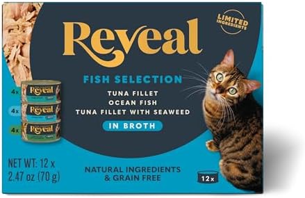 Reveal Natural Wet Canned Cat Food, Limited Ingredient, Grain-Free, Protein with No Artificial Additives, Fish Variety in Broth (12 x 2.47 oz Cans)