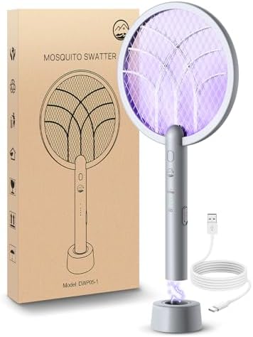 Electric Fly Swatter Racket, Mosiller 2 in 1 Smart Bug Zapper & Power Take Off Generators with USB Rechargeable Base, Powerful Mosquitoes Trap Lamp & Fly Killer for Home, Bedroom (Light GreyοΌ1 PackοΌ)