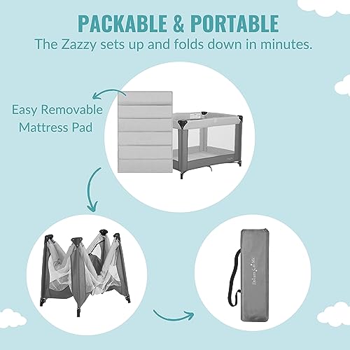 Dream On Me Zazzy Portable Playard with Bassinet in Grey, Packable and Easy Setup Baby Playard, Lightweight and Portable Playard for Baby with Mattress and Travel Bag