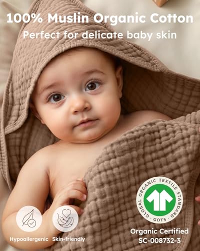 Yoofoss Hooded Baby Towels for Newborn 2 Pack 100% Muslin Organic Cotton Baby Bath Towel with Hood for Babies, Infant, Toddler and Kids, Large 32x32Inch, Soft and Absorbent Newborn Essential