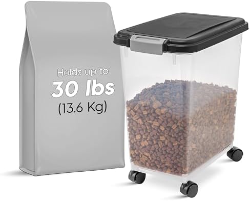 IRIS USA Airtight Pet Food Storage Container with Wheels, Black, 30 lb Capacity - BPA-Free Clear Plastic Bin with Snap-Lid Seal to Keep Kibble, Pellets or Seeds Fresh for Dogs, Cats and Birds