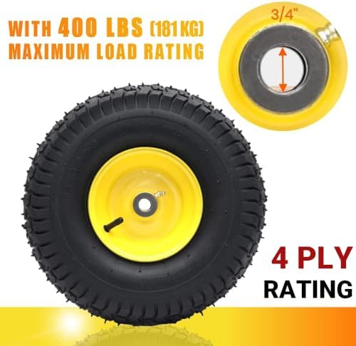 AR-PRO Exact Replacement 15" x 6.00-6" Front Tire and Wheel Assemblies Compatible with John Deere Riding Mowers 100 and D100 Series - 3" Centered Hub and 3/4" Bushings, 4Ply Pneumatic (Set of 2)