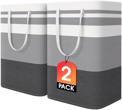 HomeHacks 2 Pack Large Laundry Baskets, Waterproof, Freestanding Laundry Hampers, Collapsible Clothes Hamper with Reinforced Handles in Laundry Room, College Dorm, Bathroom, Bedroom (Grey, 75Lx2)
