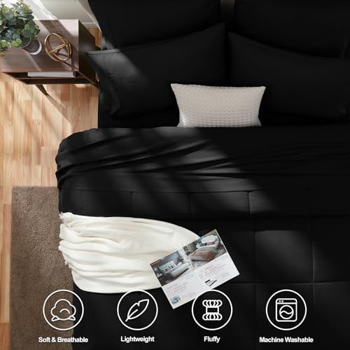 CozyLux Queen Comforter Set Black 7 Pieces Bed in a Bag Black Premium Comforters Queen Size Bed Set Bedding Sets Queen with All Season Stitch Quilted Comforter, Flat Sheet, Fitted Sheet, Pillowcases