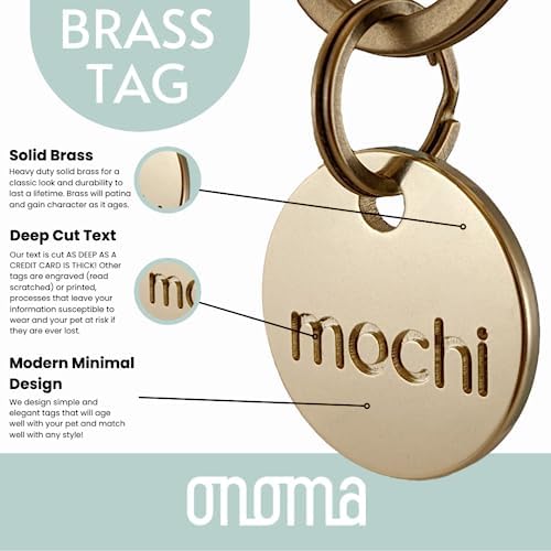 Solid Brass PET TAG - Modern, Minimal Pet IDs. Durable, Lifetime Tags with deep Cut Text. Includes Space for Two Phone Numbers. (Circle)