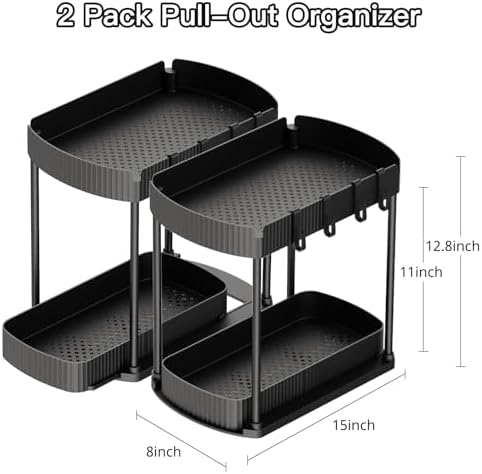 2 Pack Multi-Purpose Pull-Out Storage Organizers, Under Sink Organizers and Storage for Bathroom & Kitchen, Under Cabinet Organizers and storage, 12.8 Inch, Black