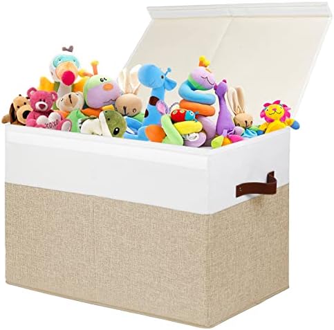 Large Toy Storage Box with Lid, Sturdy Toys Storage Chest Bin Organizer Basket with Dividers for Kids, Boys, Girls, Nursery, Closet, Bedroom, Playroom 25"x13" x16" (Beige and White)