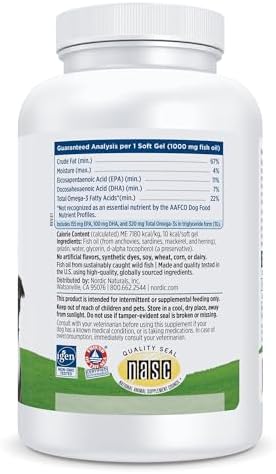 Nordic Naturals Omega-3 Pet, Unflavored - 180 Soft Gels - 320 mg Omega-3 Per Soft Gel - Fish Oil for Dogs with EPA & DHA - Promotes Heart, Skin, Coat, & Immune Health