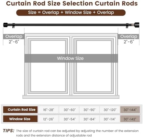 1” Diameter Curtain Rods Itself is 30 to144 inch 1 Pack Fit 30-142 inch, 66 to 120 inch Window with Heavy Duty Adjustable Rod Matte Black Curtain Splicing Metal Extra Long Curtain Rod for Windows