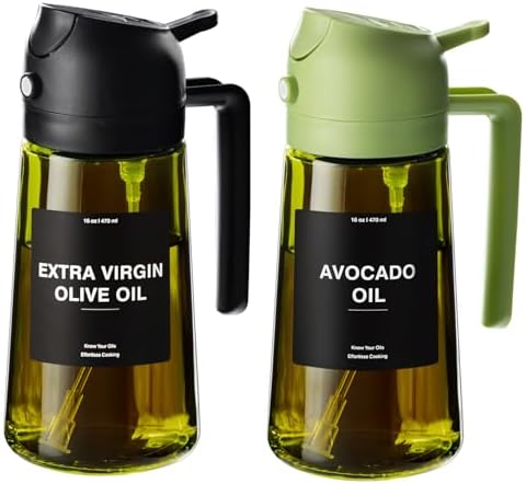 CXINYI - 16oz/470ml Olive Oil Dispenser for Kitchen with Stickers - 2 in 1 Olive Oil Sprayer for Cooking, Air Fryer, and Salad, Black&Green (Light-Proof Kitchen Gadget)