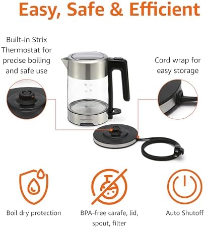 Amazon Basics Electric Kettle with Glass Carafe for Tea and Coffee, BPA-Free, Fast Boiling, Auto Shut-Off, 1 liter , 1500W, Glass and Steel