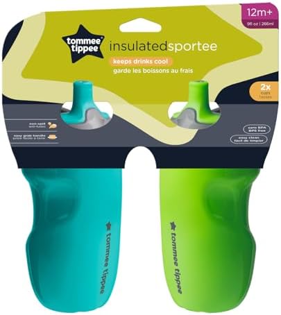 Tommee Tippee Insulated Sportee Bottle, for 12m+, 9oz, Pack of 2 Non-Spill Toddler Water Bottles, Green and Teal, with Two-Piece Valve to Help Stop Spills, Bite-Resistant Spout and Easy-Hold Handle