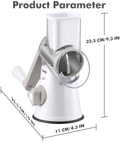 Geedel Rotary Cheese Grater, Kitchen Mandoline Vegetable Slicer with 3 Interchangeable Blades, Easy to Clean Rotary Grater Slicer for Fruit, Vegetables, Nuts