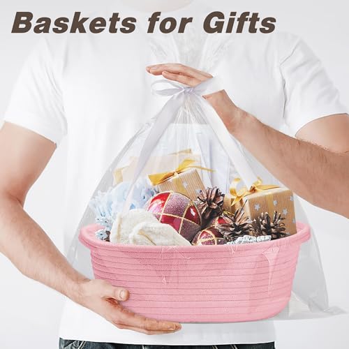 Pro Goleem Small Woven Basket with Gift Bags and Ribbons Durable Baskets for Gifts Empty Small Rope Basket for Storage 12"X 8" X 5" Baby Toy Basket with Handles, Pink