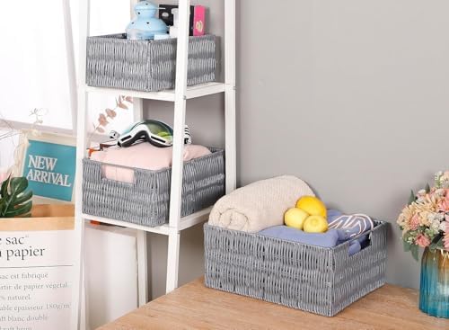 Plastic Wicker Basket Set of 3, Handmade Storage Basket for Organizing with Handles, Storage Bins for Home Kitchen Countertop, Shelf Organizer, Waterproof, Gray