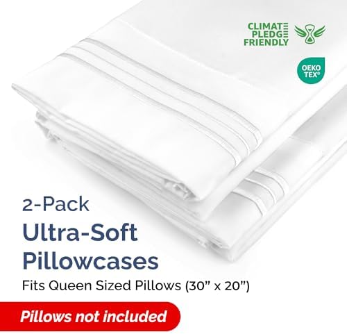 Queen Pillow Cases Set of 2 - Ultra Soft Hotel Quality Pillowcase Covers - Comfy, Cozy & Wrinkle Free - Shrinkage, Stain and Fade Resistant - Machine Washable Pillow Protectors - 2 Piece Set - White