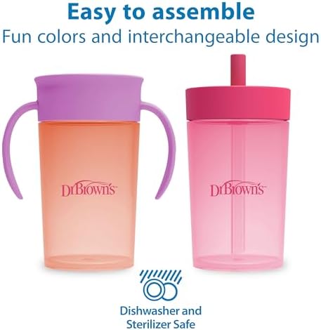 Dr. Brown's Milestones Straw to 360° Cup Set, Convertible Toddler Training Cup Set with Interchangeable Silicone Straw and 360 Degree Cup Lids, Pink Coral, 10 oz/300 mL, BPA Free, 9m+, 2 Pack