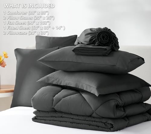 CozyLux Queen Comforter Set Dark Grey - Bed in a Bag Queen Size 7 Pieces, Luxury Soft Bed Set for All Seasons, Bedding Set with Down Alternative Comforter, Sheets, Pillowcases & Shams