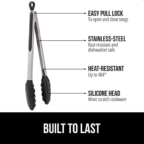 GORILLA GRIP Stainless Steel Heat Resistant Kitchen Tongs for Cooking, 7 + 12 Inch Set of 2 BBQ Tong, Non Scratch Silicone Tip for Pan, Strong Grip, Grab Food, Toss Salad, Air Fryer, Pull Lock, Black