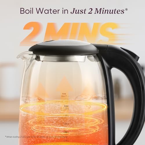 Cosori Electric Kettle, No Plastic Filter & Spout, 1.7L Tea Kettle & Hot Water Boiler For Coffee & Tea, Water Heater & Teapot, Automatic Shut Off, Borosilicate glass, Black, 1500W