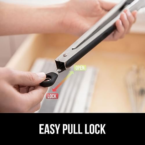 GORILLA GRIP Stainless Steel Heat Resistant Kitchen Tongs for Cooking, 7 + 12 Inch Set of 2 BBQ Tong, Non Scratch Silicone Tip for Pan, Strong Grip, Grab Food, Toss Salad, Air Fryer, Pull Lock, Black