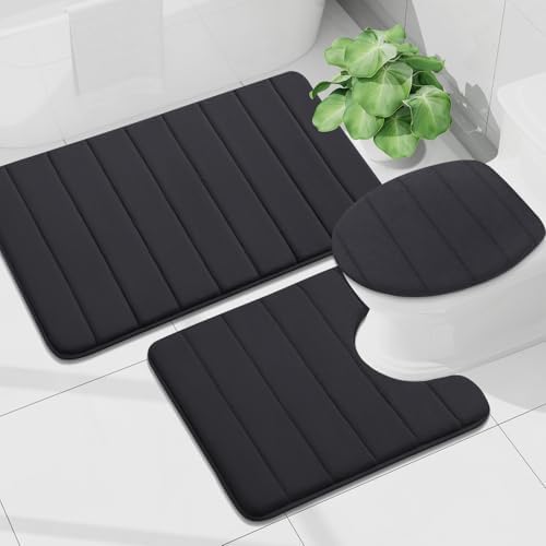 Buganda Memory Foam Bath Mat, 30" x 20", Ultra Soft and Non-Slip Bathroom Rugs, Water Absorbent and Machine Washable Bath Rug for Bathroom, Shower, and Tub, Black