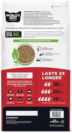 WORLD'S BEST CAT LITTER Multiple Cat Unscented, 15-Pounds - Natural Ingredients, Quick Clumping, Flushable, 99% Dust Free & Made in USA - Long-Lasting Odor Control & Easy Scooping