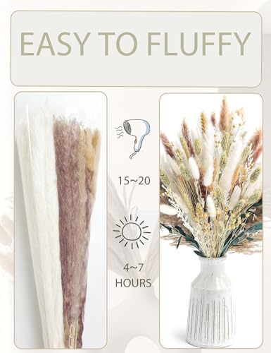 126pcs Dried Pampas Grass Decorations, Dried Flowers, Dried Bouquet in Vase, Reed Grass Bouquet for Bohemian Floral Home Wedding, Table Centerpieces, Rustic Farmhouse Decor. (Vase Not Included)