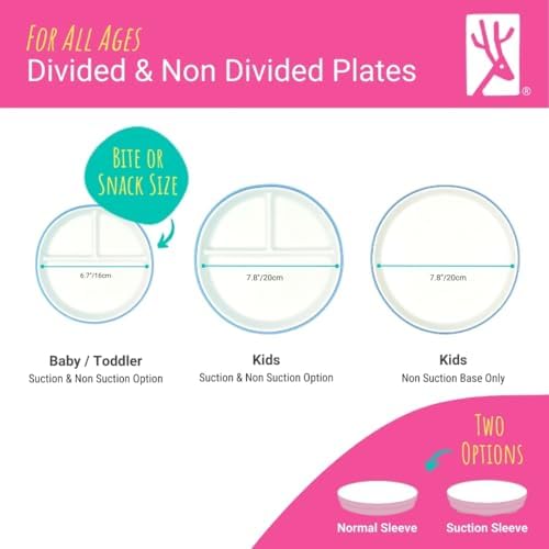 Elk and Friends Kids 7.8” Porcelain White Plates with Silicone Sleeves | Divided Plates | Suitable for Kids/Toddlers | Microwave & Dishwasher Safe | Non Slip | Snack Dishes…