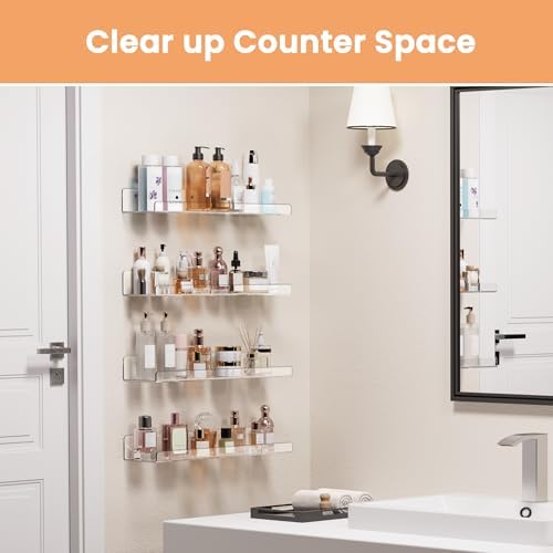 upsimples 4 Pack Acrylic Shelves for Wall Storage, 15" Floating Bookshelves for Kids, Display Shelf Organizer for Bathroom, Bedroom, Living Room, Kitchen, Room Decor, Clear
