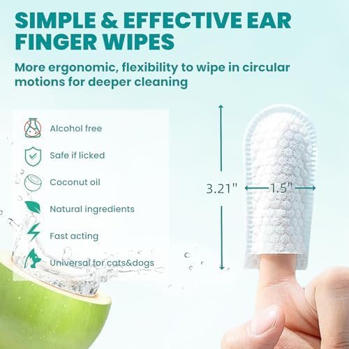 Ear Cleaner Finger Wipes 120 Counts, Dog Ear Cleaner, Grooming Kit Care for Dogs and Cats, Soft & Easy Otic Cleaning Pads, Remove Wax, Dirt & Stop Smelly, Itchy, Non-Irritating, Coconut Scent