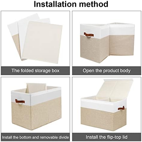 Large Toy Storage Box with Lid, Sturdy Toys Storage Chest Bin Organizer Basket with Dividers for Kids, Boys, Girls, Nursery, Closet, Bedroom, Playroom 25"x13" x16" (Beige and White)