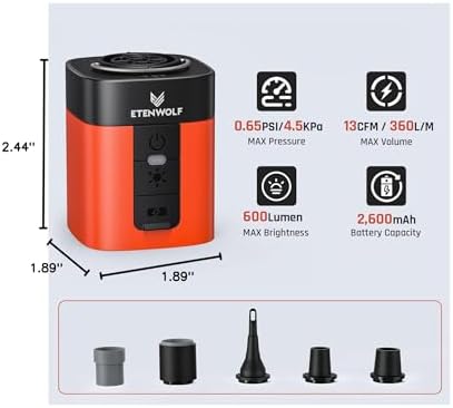 ETENWOLF AIR 3 Air Pump for Inflatables with 2600 mAh Battery & Camping Light, Ultra-Fast and Mini Electric Air Pump, Inflate Deflate for Air Mattress, Pool Floats, Vacuum Storage Bags
