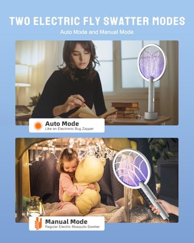 Electric Fly Swatter Racket, Mosiller 2 in 1 Smart Bug Zapper & Power Take Off Generators with USB Rechargeable Base, Powerful Mosquitoes Trap Lamp & Fly Killer for Home, Bedroom (Light GreyοΌ1 PackοΌ)