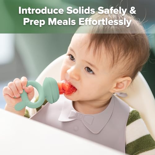 Haakaa Baby Fruit Food Feeder & Mini Freezer Nibble Tray Combo, Breastmilk Popsicle Molds for Cooling Relief, BPA Free Silicone Feeder for Safe Infant Self Feeding, 4 Month+ (Pea Green)
