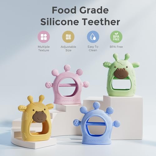 Momcozy Baby Teether Toys | Food Grade Silicone Teething Relief 0-6 Months | Teething Toy 6-12 Months | Baby Essential | Yellow and Blue