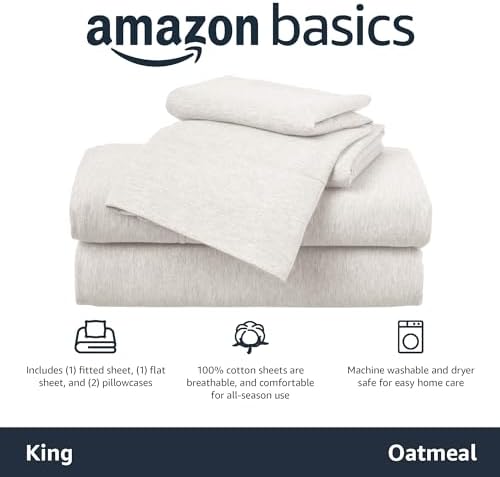 Amazon Basics 4 Piece Bed Sheets Set, 100% Cotton Jersey, Includes Super Soft, Flat and Fitted Sheets, Pillowcase, King, Oatmeal, Solid