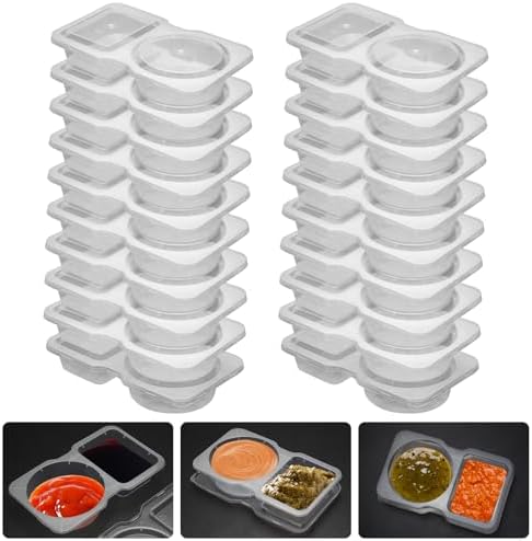 20 Set Reusable Snack Containers, 2-Compartment Dipping Containers with Lid for Refrigeration, Portion Control, Outdoor Takeaway Sauce Dip Case