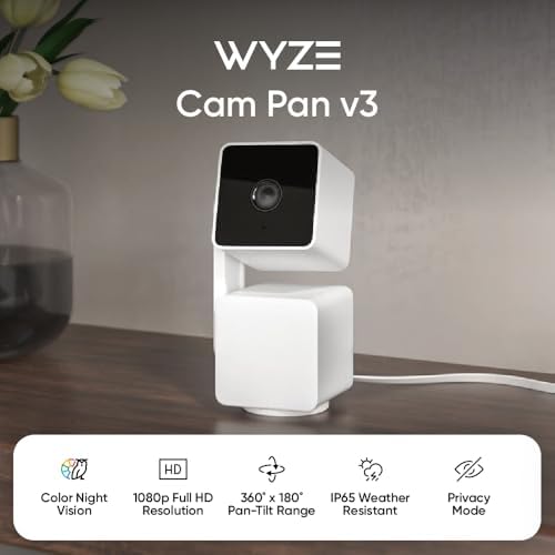 WYZE Cam Pan v3 Indoor/Outdoor IP65 1080P 360° Pan/Tilt/Zoom WiFi Smart Home Security Camera, Motion Tracking for Baby/Pet, Color Night Vision, Works with Alexa&Google Assistant, Free Expert Setup