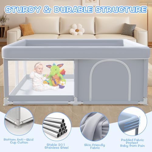Baby Playpen 50 x 50 Inch Play Pen Playards, Playpen for Babies and Toddlers, Baby Playard for Indoor & Outdoor Active Center Game Fence, with Skin-Friendly Fabric and Soft Breathable Mesh Grey